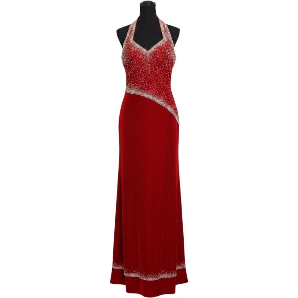 Prima Donna Collection Red Beaded Halter Neck Evening Gown Maxi Dress Sz S/M